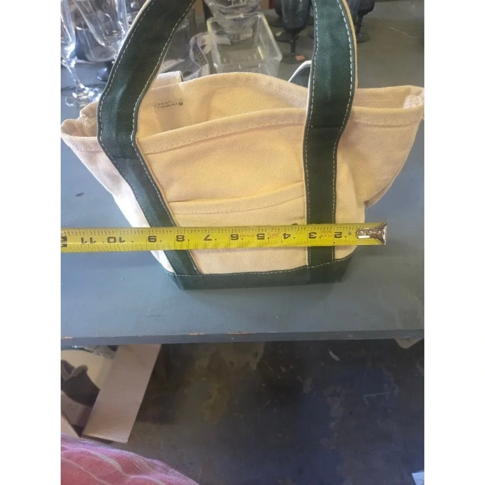LL Bean Boat and Tote Canvas Bag Small Green Cream Open Top Tote Bag - Picture 6 of 6